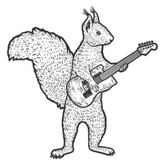 Squirrel plays the electric guitar. Engraving raster illustration.