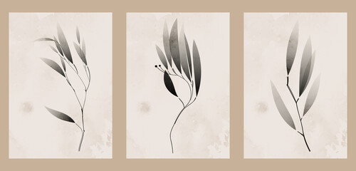 A set of three abstract minimalist aesthetic floral illustrations. Black silhouettes of plants on a light background. Modern monochrome vector posters for social media, web design in vintage style.
