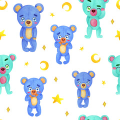 Watercolor Illustration Hand Painted Nersery Baby Seamless Pattern Print Cartoon Teddy Bear Clipart