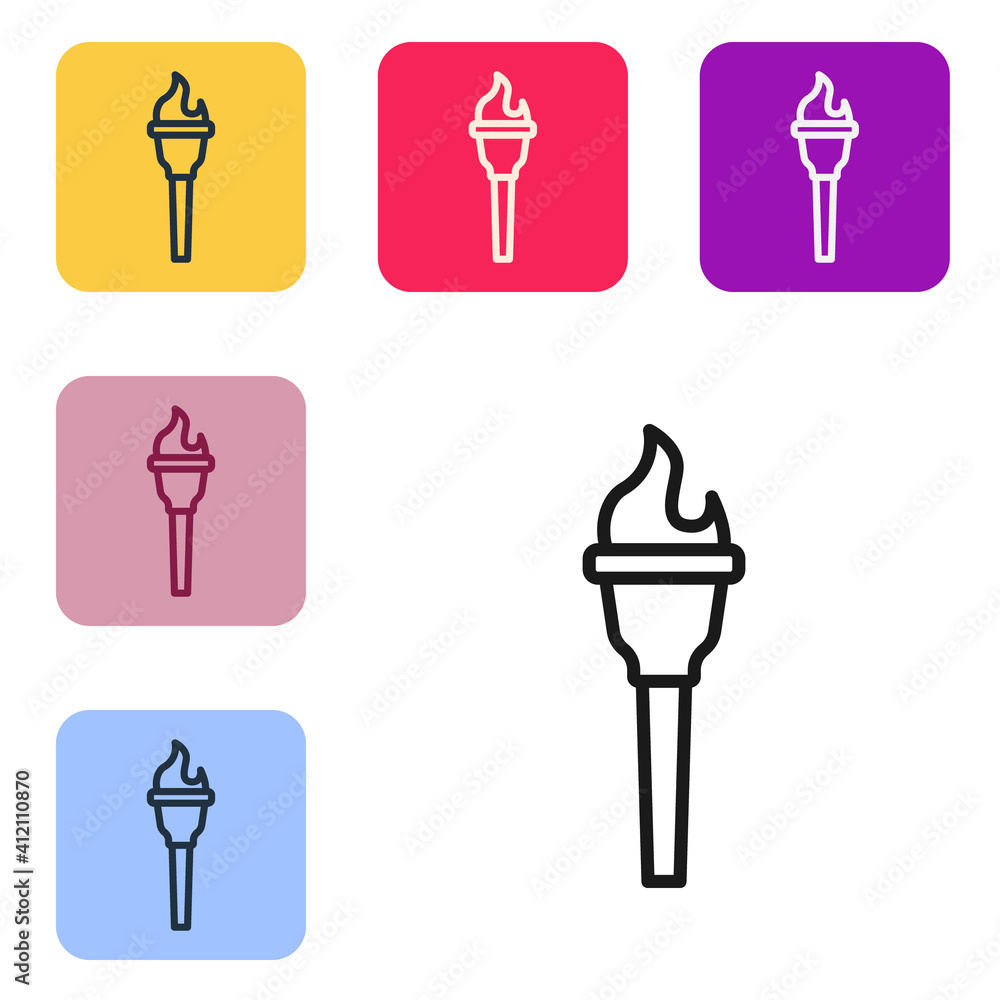 Poster black line torch flame icon isolated on white background. symbol fire hot, flame power, flaming and 