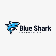 Vector Logo Illustration Blue Shark Simple Mascot Style.