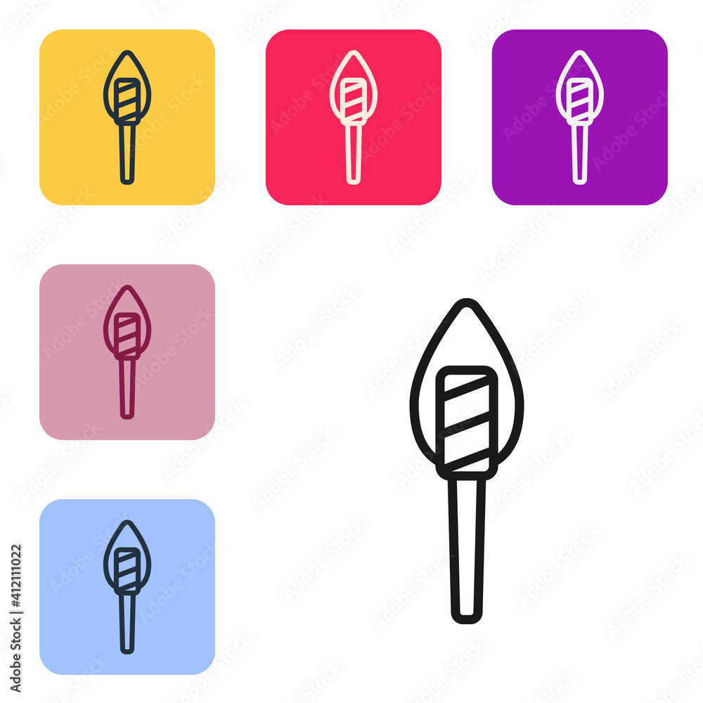 Poster black line torch flame icon isolated on white background. symbol fire hot, flame power, flaming and 