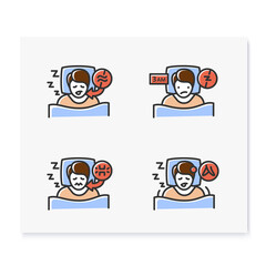  Sleep disorder color icons set. . Healthy sleeping concept. Symptoms and types disorders sleep. Falling asleep trouble. Stress. Health care. Isolated vector illustrations