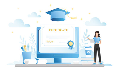 Online distance learning of girl,woman in computer, laptop on site, in application. Getting an education, certificate on Internet about passage of seminar, lecture, courses.