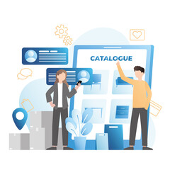 Vector illustration of picture of people choosing in catalog of an online store, goods on Internet. Contactless online payment in smartphone, on tablet in an application, on website.