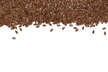 Flax seeds on a white background. Copy space, flat lay.