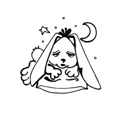 Obraz premium The character bunny, sleepy tired lying on the pillow. Vector illustration in cartoon style, conveys feelings and emotions.For book illustration, sticker, prints.