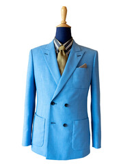 Light blue double breasted jacket suit with stripe shirt and gold tie on white background