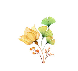 Watercolor floral arrangement. Transparent yellow Rose with green ginkgo leaves isolated on white. Hand painted modern bouquet. Botanical illustration for cards, wedding design