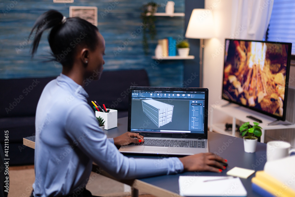 Poster african american remote woman architect working on modern cad program overtime. industrial black fem