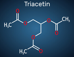Triacetin, glycerin triacetate molecule. It is triglyceride, triester of glycerol, food additive with E number E1518. Structural chemical formula on the dark blue background