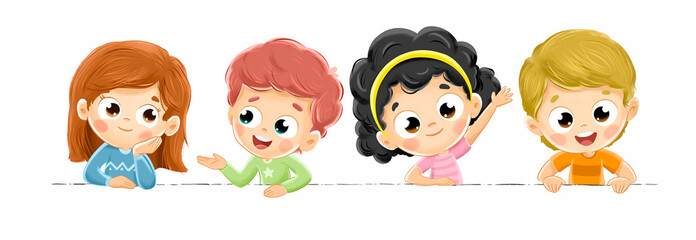 Group of children in class talking and waving