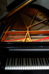 A close-up of the internal string structure of a top grand piano © Steve