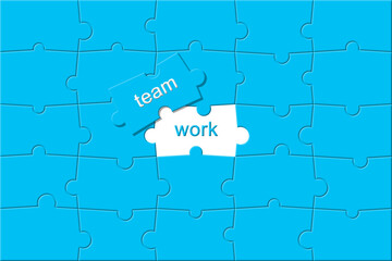 Fototapeta premium Illustration of top view of an incomplete blue jigsaw puzzle on white background with space for text. Teamwork concept.