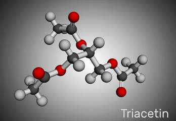 Triacetin, glycerin triacetate molecule. It is triglyceride, triester of glycerol, food additive with E number E1518. Molecular model. 3D rendering