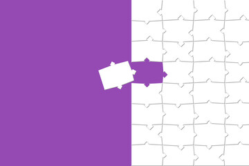 Illustration of top view of an incomplete white jigsaw puzzle on purple background with space for text.  Success concept.