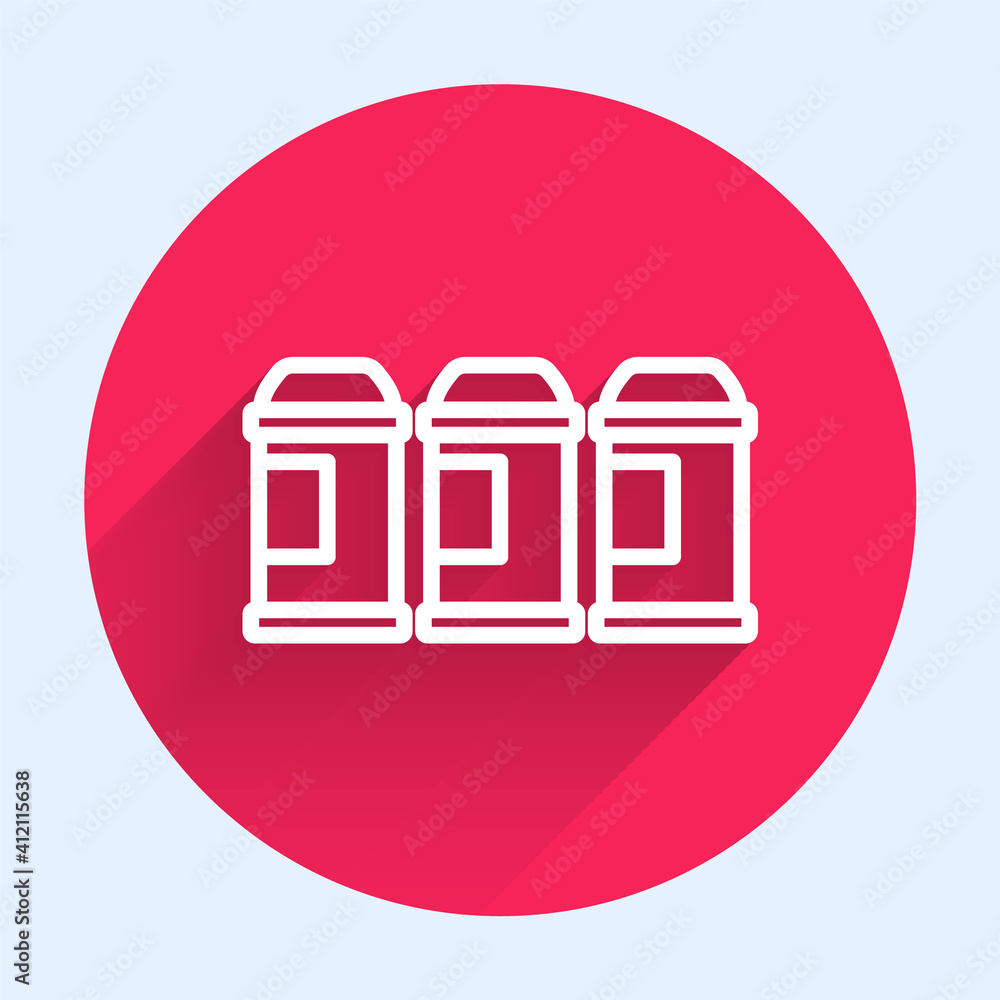 Poster white line paint spray can icon isolated with long shadow. red circle button. vector.