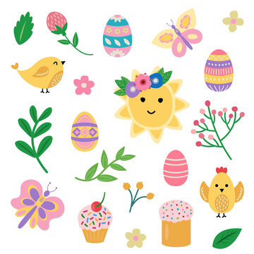 Easter spring set with cute eggs, birds, butterflies, flowers. Hand drawn flat cartoon elements. Vector illustration.