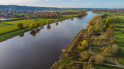 Airview Elbe river in Serkowitz near Dresden