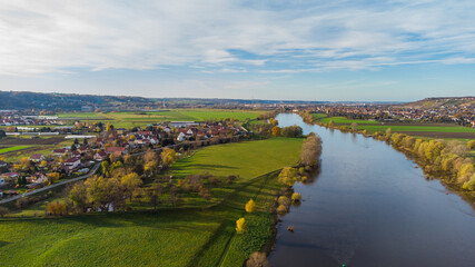 Fototapeta na wymiar Airview Elbe river in Serkowitz near Dresden
