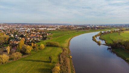 Fototapeta na wymiar Airview Elbe river in Serkowitz near Dresden