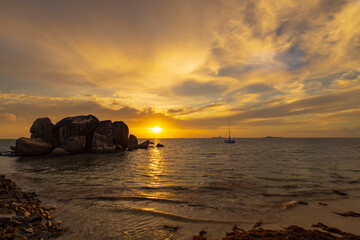 Sunset view from Les Rochers on the southern coast of Praslin Island in the Seychelles
