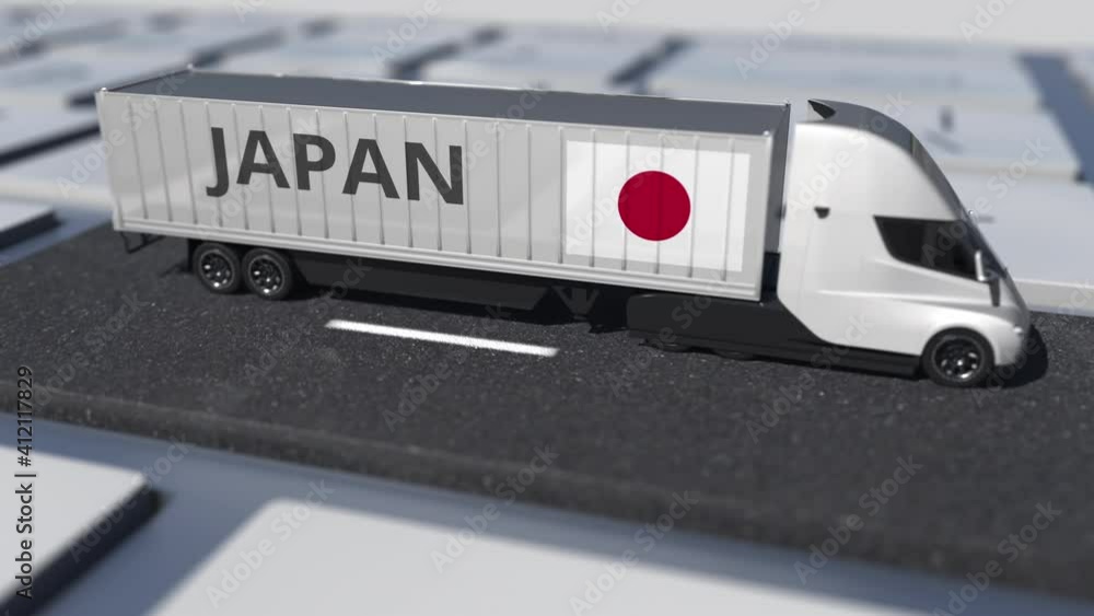 Poster flag of japan on moving truck and computer keyboard. international shipping related looping 3d anima