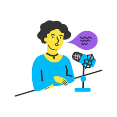 The girl leads a podcast, speaks into a microphone, sitting at a table. Vector hand-drawn illustration in a flat style.