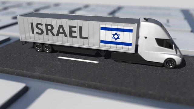 Flag of Israel on moving truck and computer keyboard. International shipping related looping 3d animation