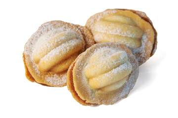 Russian traditional homemade cookies Nuts. Oreshki with boiled condensed milk isolated on a white background
