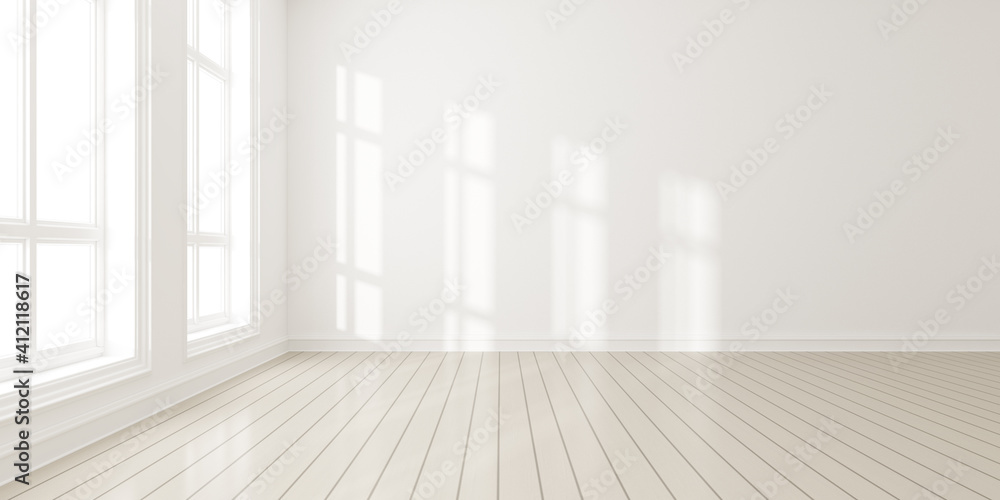 Aufkleber 3d render of modern empty room with wooden floor and large white plain wall.