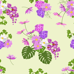 Delicate orchids, kosmea, phlox and tropical leaves on a lihht background. Seamless vector illustration.