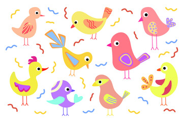 Multicolored cartoon birds set. Flat style design element isolated on white background. Vector illustration