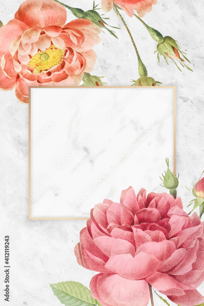 Poster rectangle rose frame on marble background vector