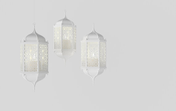White lantern with candle, lamp with arabic decoration, arabesque design. Concept for islamic celebration day ramadan kareem or eid al fitr adha. 3d rendering illustration