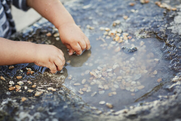 Close up of a hands of little baby boy playing outdoor with small rocks in puddle