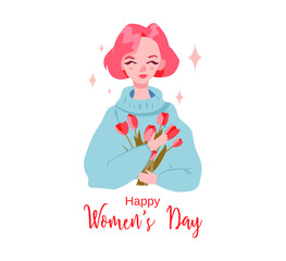 Happy Women's Day. Vector illustration of a girl with red hair holding a bouquet of tulips. Gift card.