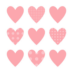 Pink heart icon set. Happy Valentines day sign symbol simple template. Cute polka dot pattern. Love greeting card. Square composition. Decoration element. Flat design. Isolated. White background.