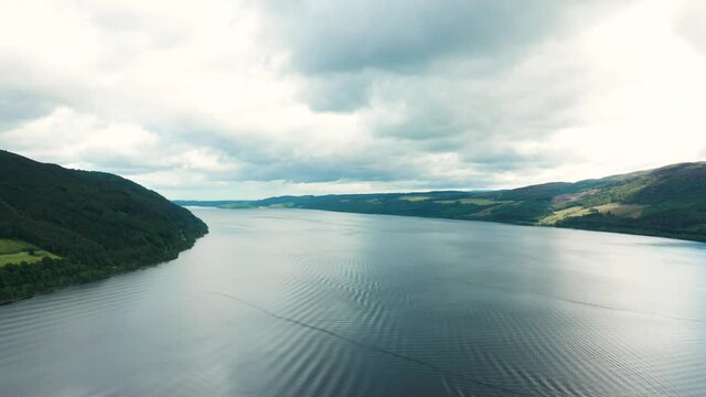 Flight over Loch Ness lake in Scotland