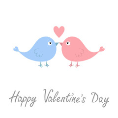 Happy Valentines Day. Two bird couple. Pink heart. Love Greeting card. Sticker print. Cute cartoon kawaii funny baby character. Flat design. White background. Isolated.