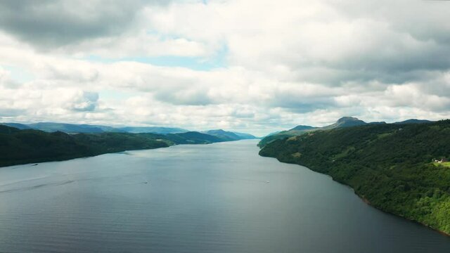 Flight over Loch Ness lake in Scotland