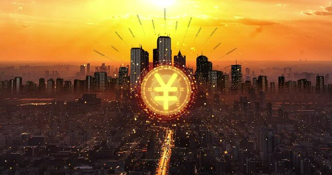 Yen Currency Symbol Shining Over The City Skyscrapers. Valuable Gold Currency In The World. Business And Technology Related Concept.