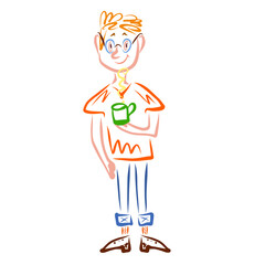 young cheerful man in glasses with a mug of hot drink