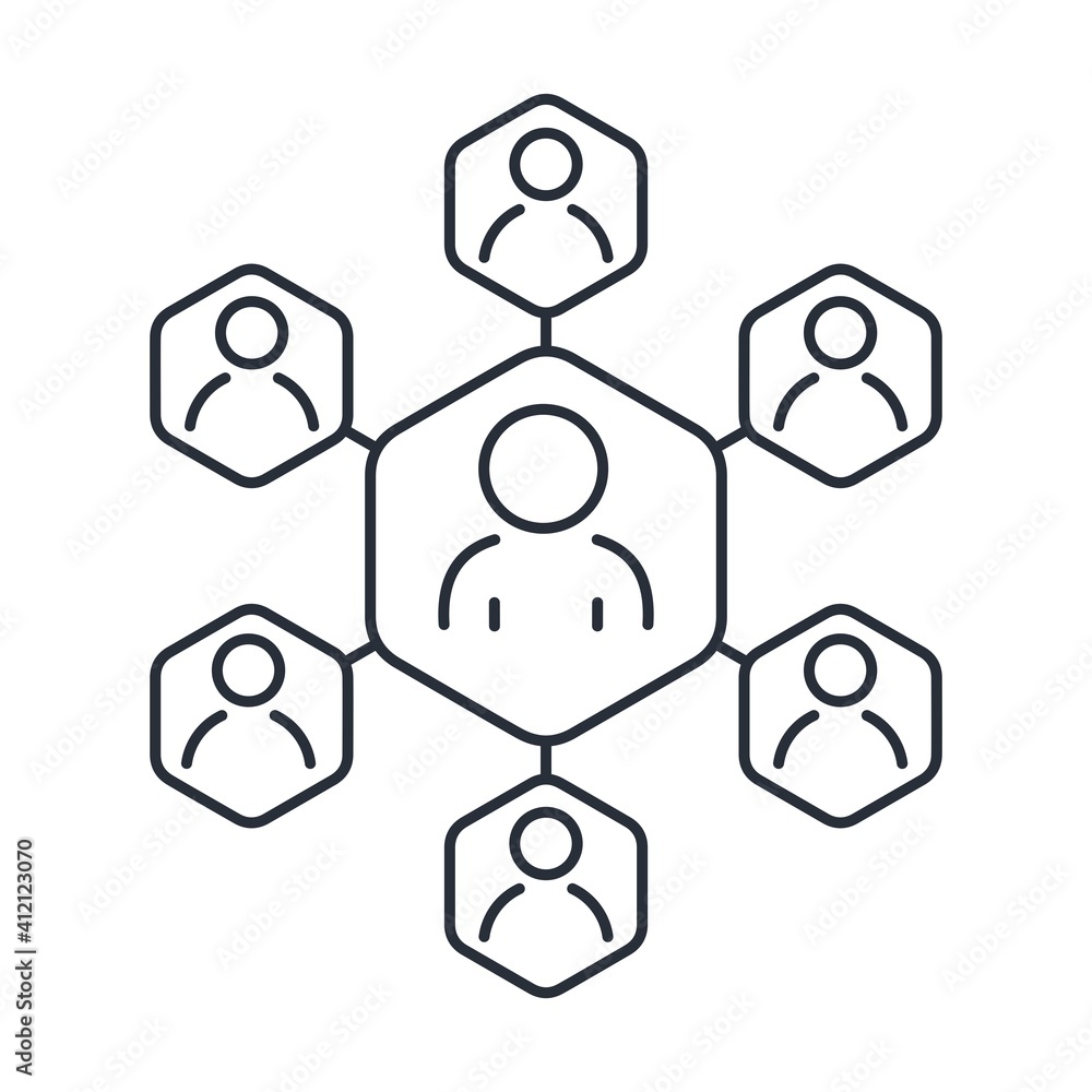 Poster a wide network of connections uniting groups of people. vector linear icon isolated on white backgro