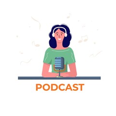 Podcaster with headphone listening and recording audio podcast, online show vector flat illustration. Smiling women with microphone and headset studying, listen to podcast, broadcasting concept