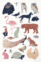 Vintage wild animals vector linocut drawing set