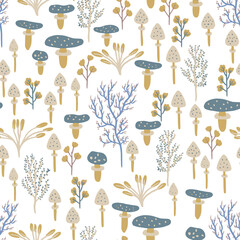 Seamless pattern with cute mushrooms and plants for stationery, textile, fabric, wrapping paper