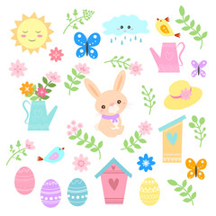 Happy Spring and Easter design of cute bunny among spring flowers and birds