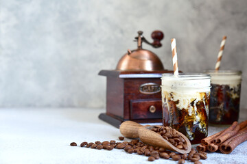 Cold brew coffee or frappe in a mason jar.