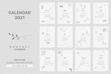 2021 calendar printable template vector monthly set cute doodle drawing